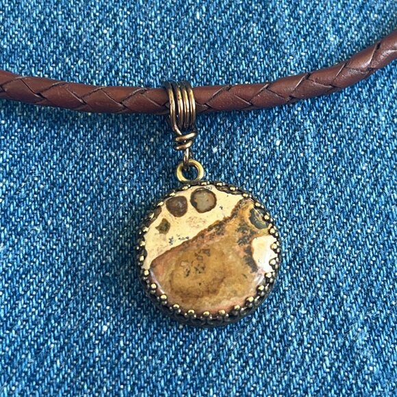 Braided Leather Necklace, Picture Jasper Pendant, Womens Mens Layering Necklace - Picture 4 of 7